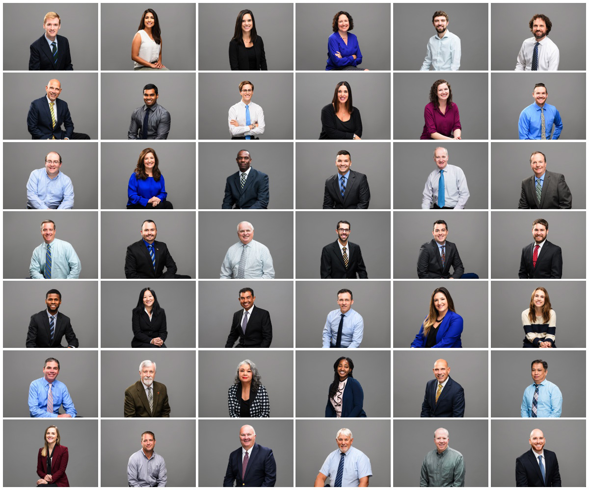 Team headshots for engineering firm on a grey background.